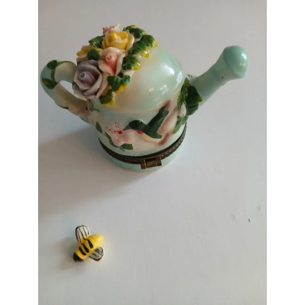 Vintage Porcelain Hinged Trinket Box Watering Can Hummingbird BumbleBee Flowers